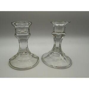 Vintage Clear Glass Hexagonal Base Taper Candlestick Holders Pair Set of 2